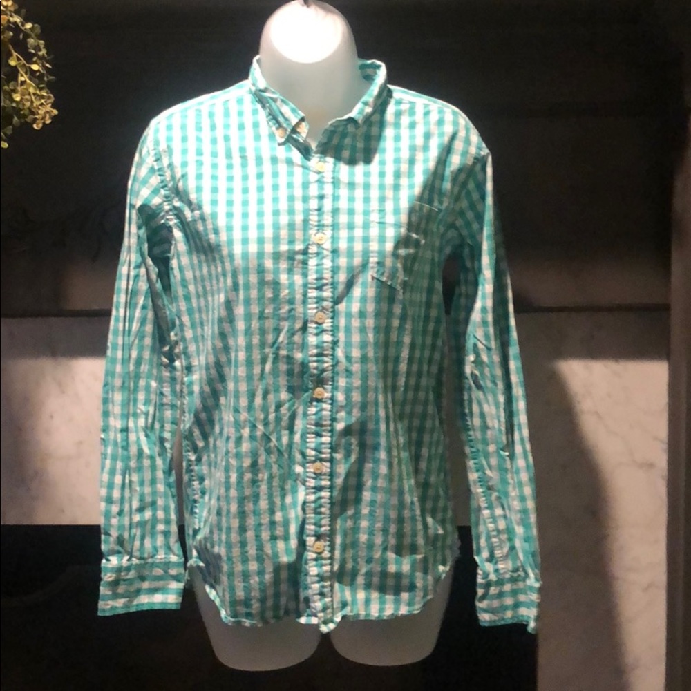 Boys Green Gingham Casual Button Down Size 14